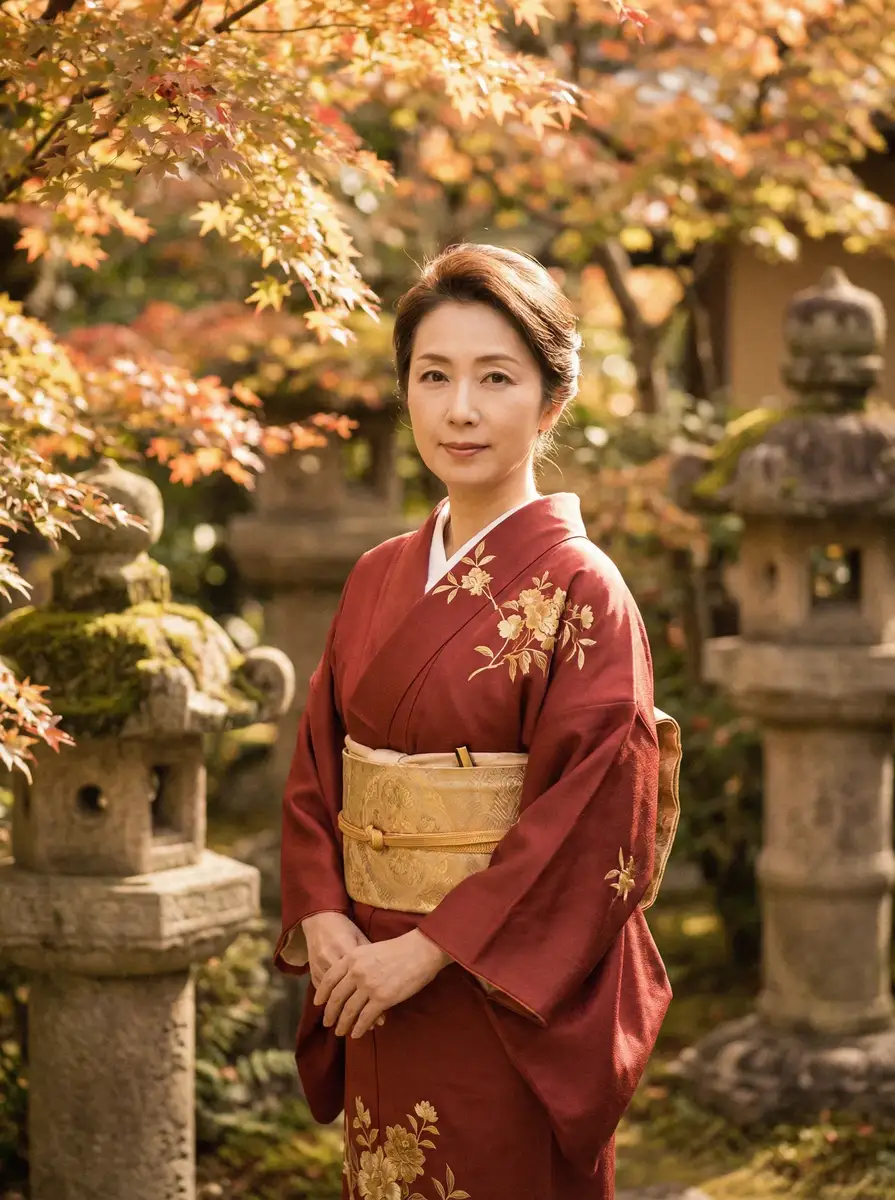 一位身穿暗红色和服的优雅 巨乳妹妹 在日式庭院中